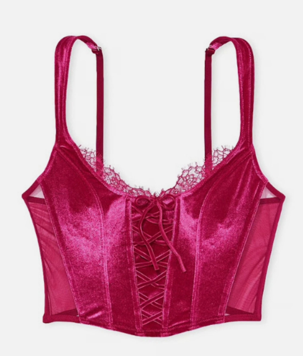 Victoria's Secret Dream Angel Unlined Lace-Up Velvet Corset Top Claret Pink Lg